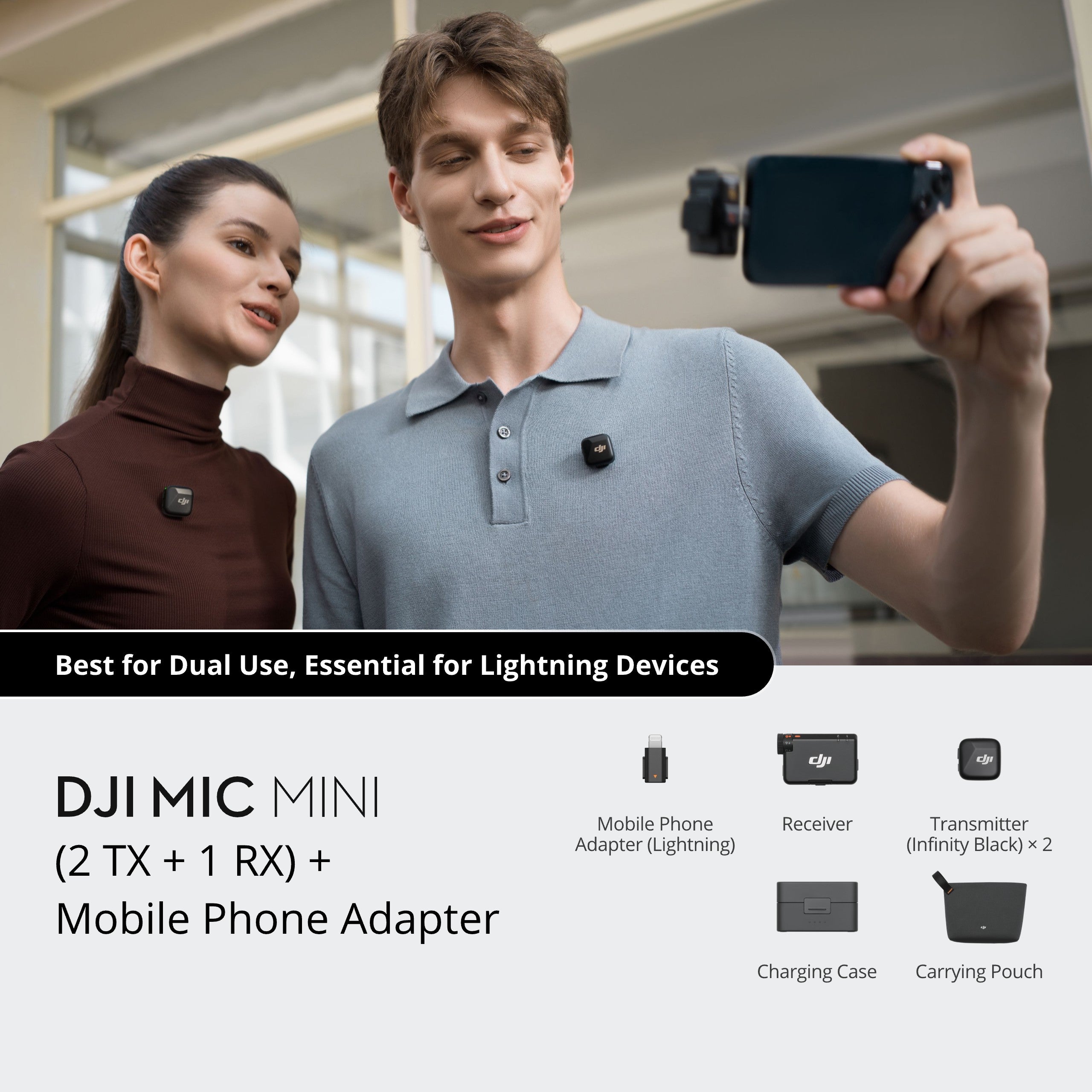 DJI Mic Mini (2 TX + 1 RX + Charging Case) + Mobile Phone Adapter (Lightning)